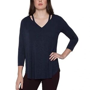 Matty M. Navy Blue Split V-Neck Jersey Knit 3/4 Sleeve Tee - Medium